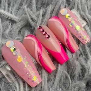 Long coffin pink press on nails rhinestones glitter ombré French tips handmade